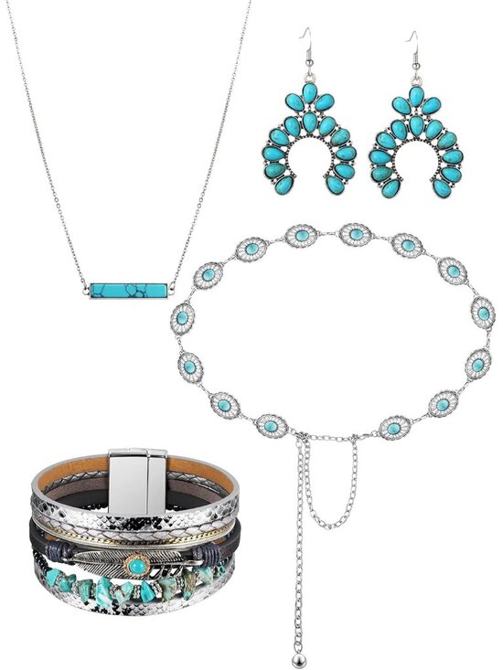 Jewelry - 4 Pcs Bohemian Jewelry Turquoise Set for Women Western Turquoise Set Waist Belt
